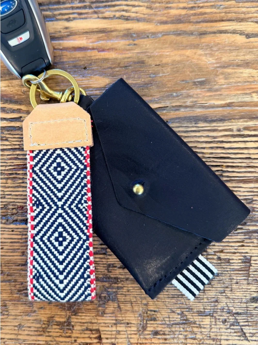 Woven Geometric Key Fob with Leather Tab - Black, White & Red - BNNU